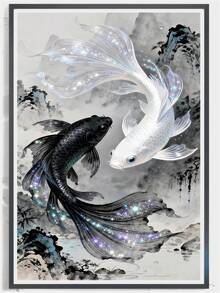 1pc Diamond Painting Kit - Black And White Goldfish Theme Diamond Art - DIY Home Decor Or Adult Gift, Round Full Drill With Tools, Exclusive For Creative Craft Enthusiasts - round diamond - View 2