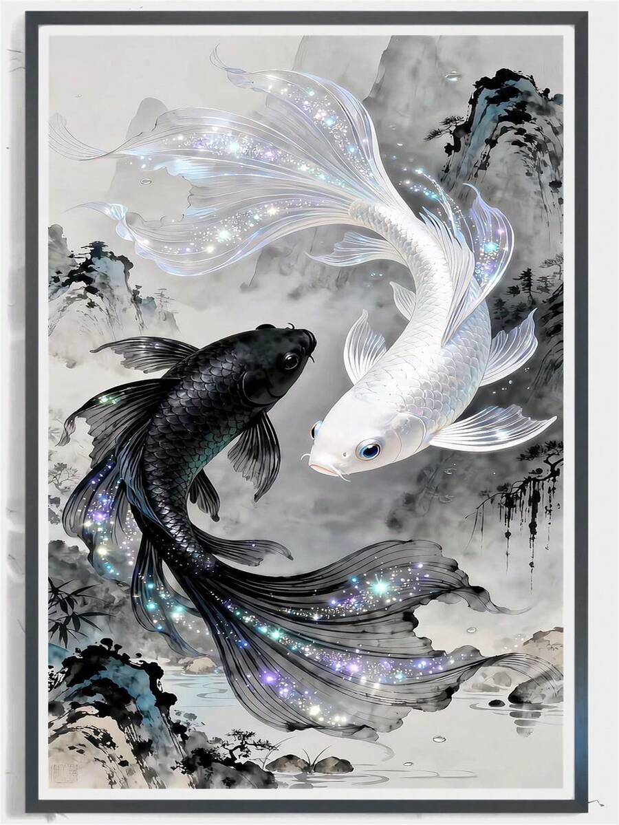 1pc Diamond Painting Kit - Black And White Goldfish Theme Diamond Art - DIY Home Decor Or Adult Gift, Round Full Drill With Tools, Exclusive For Creative Craft Enthusiasts