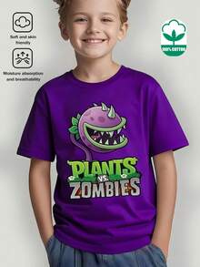 Casual Crew Neck T-Shirt, Sheer Short Sleeve T-Shirt With  Pattern, Minimalist Casual Style, Venus Trap And Tyrannosaurus Rex Flower Print T-Shirt Top, Machine Washable, Small, Medium And Large For Spring, Summer, Autumn And Clothing For Ages 3 To 12 Years - 紅色 - 查看 2