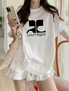 [ 100% Cotton ] Recommended New Products For Summer 2026: Lace Logo T-Shirt, Summer Dress, Women's Fashion T-Shirt, Short Sleeve Office Casual 200g Cotton Cartoon Character Printed Loose White Top, Y2K Women's Top, Spring Dress Top - White - View 1
