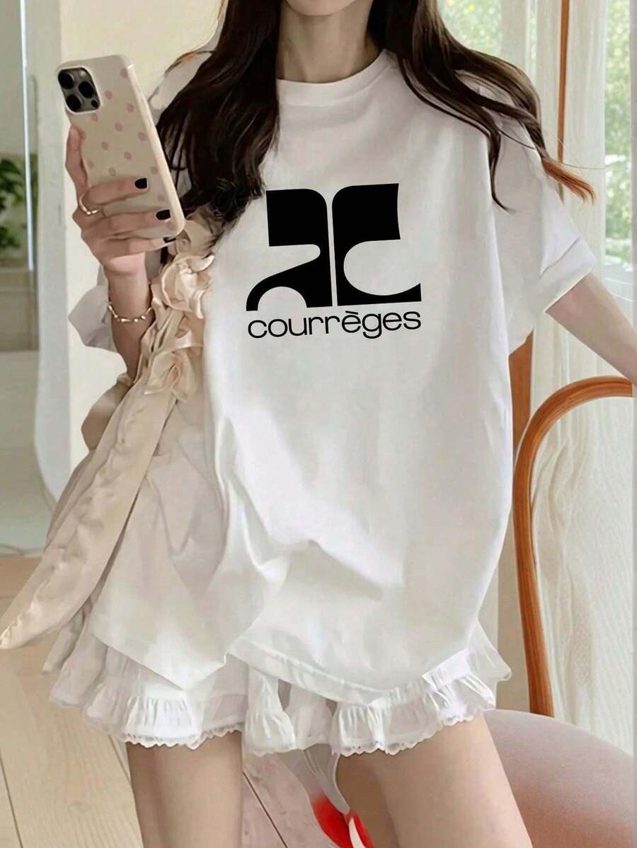 [ 100% Cotton ] Recommended New Products For Summer 2026: Lace Logo T-Shirt, Summer Dress, Women's Fashion T-Shirt, Short Sleeve Office Casual 200g Cotton Cartoon Character Printed Loose White Top, Y2K Women's Top, Spring Dress Top - White - View 1
