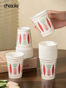 choxila 25/50/100pcs Bohemian Floral Pattern Disposable Paper Cups, Vintage Geometric Flower Design, Suitable For Hot/Cold Drinks, Applicable For Party, Home And Office - Paper Cups - View 3