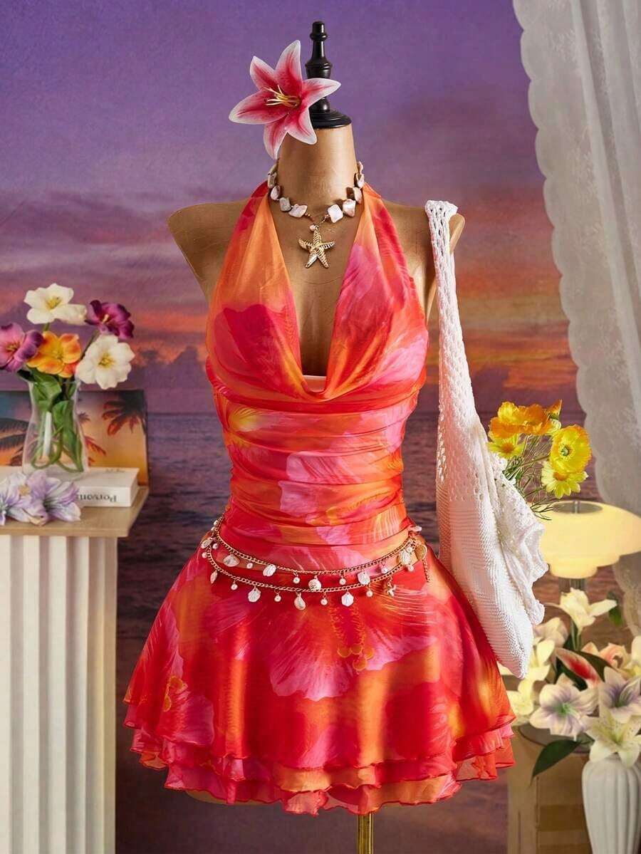 New Spring/Summer Women's Fashion Sexy Printed Dress - Plunging Neckline Design - Waist Cinching Ruched Design - Ruffle Hem Design - Vacation - Beach - Multicolor - View 1