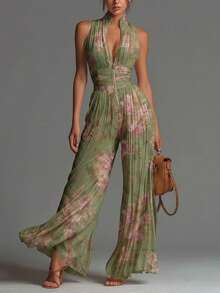 Women's Pleated Sleeveless High Neck Wide Leg Jumpsuit, Elegant Waistbanded Pleated Palazzo Jumpsuit, Formal Office Wear Sleeveless Pleated One-Piece Outfit, Casual Summer Pleated Wide Leg Jumpsuit - màu xanh lá - Xem 10