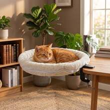 毛绒猫吊床、宠物床、猫桌床、圆桌猫床、猫吊床、桌面猫床、可折叠电脑桌猫床 - 均碼 - 查看 3