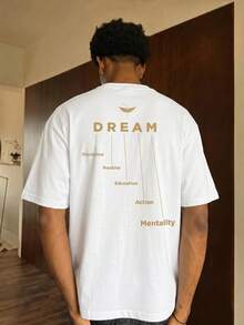 Loose-Fitting, Short-Sleeved T-Shirt With An Inspirational "DREAM" Slogan Print In A Vintage American Streetwear Style, Faded Black FRACTYR, Comfortab - 黑色 - 查看 5