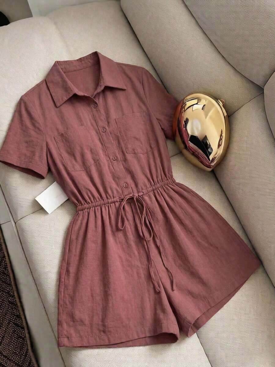 Mono de mujer con cuello en V y cintura ceñida, mono para vacaciones, mono holgado y casual de estilo cargo - Café integral - Ver 1