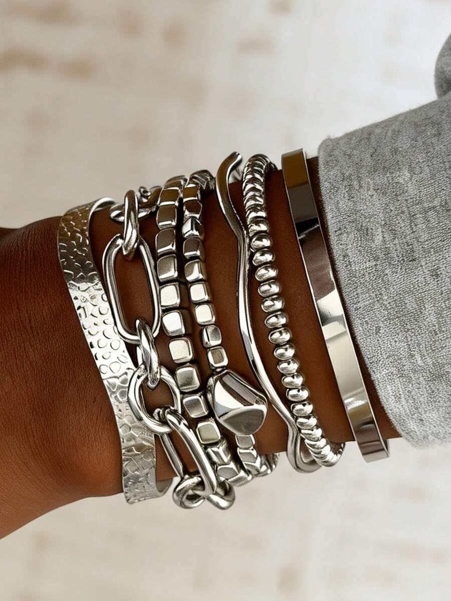 7Pcs Vintage Chunky Silver Multi-Layer Bracelet Set, Edgy Chic Chain With Beaded Heart Detail & Smooth Cuff, Perfect Gift For Women's Fashion Accessories - Silver - View 1