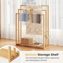 Freestanding Bamboo Towel Rack 3 Tier Blanket Drying Stand Holder Organizer With Bottom Storage Shelf For Bathroom Bedroom Living Room Natural Wood - Tự nhiên - Xem 6
