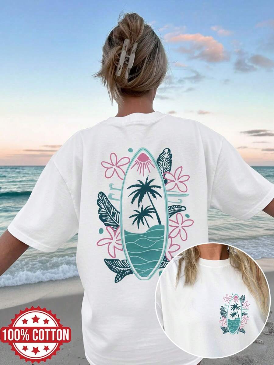 Women's Spring/Summer Double-Sided Print Casual Versatile Vacation Style T-Shirt With Surfboard And Coconut Tree Print Short Sleeve Round Neck Oversized Drop Shoulder T-Shirt Chu K Women's Summer Outfit - White - View 1