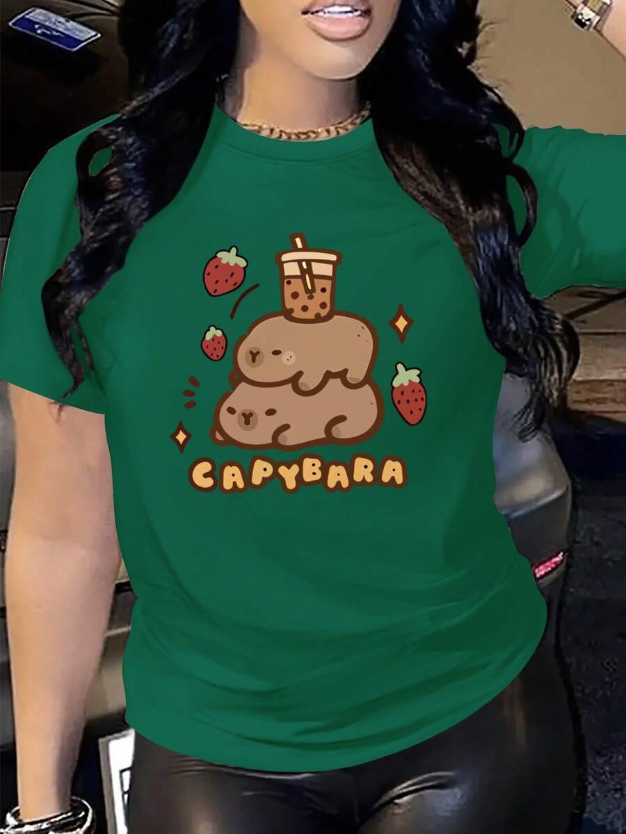 Printed T-Shirt 2026, Sexy European And American Style, Round Neck, Short Sleeve Women's Clothing, Capybara Print, Milk Tea And Strawberries, Sweet And Spicy Style, Ideal For Dates And Shopping. - 綠色 - 查看 1