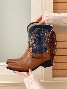 Retro Fringe Western Cowboy Ankle Boots, Contrast Color Patchwork Metal Rivet Embroidery Chelsea Boots, European And American Style Elements, Leather And Fabric Combination - Brown - View 2