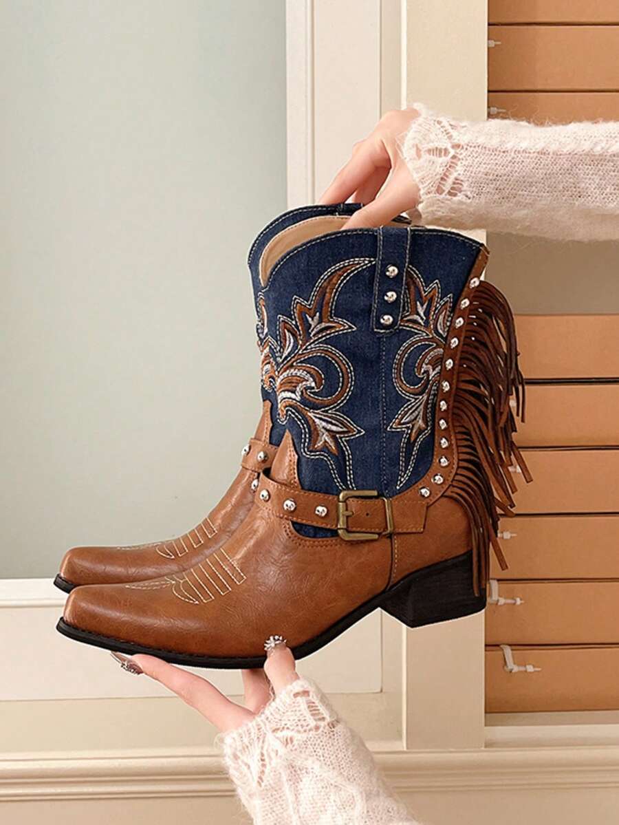 Retro Fringe Western Cowboy Ankle Boots, Contrast Color Patchwork Metal Rivet Embroidery Chelsea Boots, European And American Style Elements, Leather And Fabric Combination
