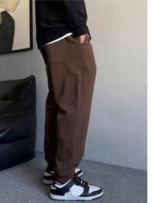 Men's Slim Fit Jogger Sweatpants With Pockets And Cuffs, Unisex, On - 棕色 - 查看 2