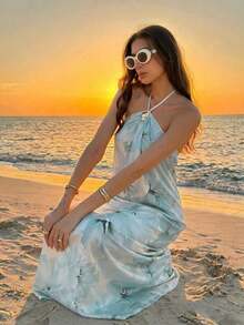 fsfvgsAloruh Nuevo vestido largo con cuello halter, plisado, sin espalda, con decoración de bolas metálicas, talla grande, silueta favorecedora en color champánsbfb s 15F2 - Beis - Ver 6