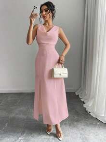 MEXChiquease Vestido elegante de mujer de unicolor con cuello en V, abertura alta y sin mangas, vestido de noche formal, vestido largo sexy, Día de San ValentínMEX GGVP - Rosa - Ver 3