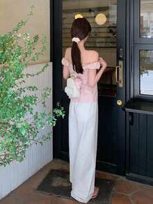 Off-Shoulder Chiffon Blouse, Unique Design, French Style Elegant Loose Top Pink Summer - Pink - View 3