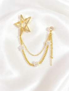 1pc Elegant Star Chain Brooch With Rhinestones, Multi-Layer Tassel Design Anti-Slip Pin, Gold-Plated Five-Pointed Star Lapel Pin, Suitable For Weddings, Parties, Travel, Daily Wear With Suits, Dresses, And Cardigans - Gold - View 4
