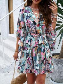 aVestido corto con volantes estampado PoPoHouse, vestido ligero con mangas acampanadas y cinturilla para mujer, elegante vestido corto para vacaciones y playa en primavera y verano - Burdeos - Ver 11