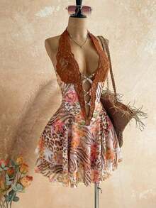 Vestido con cuello de halter con empalmado de encaje, estampado floral y de cebra para mujer - Azul - Ver 8