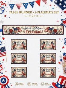 1 pieza "Estrellas, Rayas y Libertad" Juego de Camino de Mesa y Manteles Individuales - Estampado Floral Vintage de Bandera Americana con Borde Azul, Perfecto para Decoración del Hogar, Decoración de Habitación, Accesorios de Cocina, Jardín, Artículos de Jardín, Fiesta Campestre del 4 de Julio, Barbacoa, Picnic, Reunión Familiar, Celebración del Día de los Caídos y Boda Patriótica, Incluye 1 Camino de Mesa + 4 Manteles Individuales, Múltiples Tamaños Disponibles - Multicolor - Ver 14