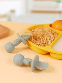 KUNT 1 Set Kids' Silicone Multifunctional Feeding Spoon & Fork, Bear Pattern, Suitable For Infants, Daily Training Use - Multicolor - View 1