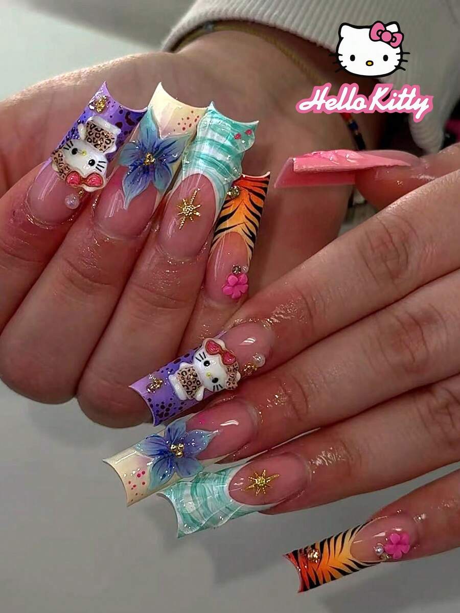 SANRIO 24片裝 Hello Kitty 長方形法式美甲貼片,含3D可愛Hello Kitty、3D凝膠花朵、豹紋與金色珍珠裝飾,全覆蓋假指甲套組,適合女性與女孩日常與派對使用,穿戴式指甲 - 彩色 - 查看 1