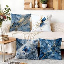 4pcs Blue Marble Floral Pattern Cushion Cover Set, Single-Sided Printed Throw Pillow Covers For Living Room Sofa Bedroom, 40x40cm/45x45cm/50x50cm, Pillow Insert Not Included - Multicolor - View 5