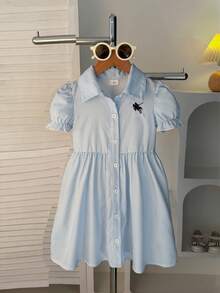2pcs Girls Summer Sweet Casual Preppy Striped Print Shirt Dress With Shawl Decoration Set, Suitable For Daily, Outdoor, Vacation, Beach, School, Commute - Blue - View 3