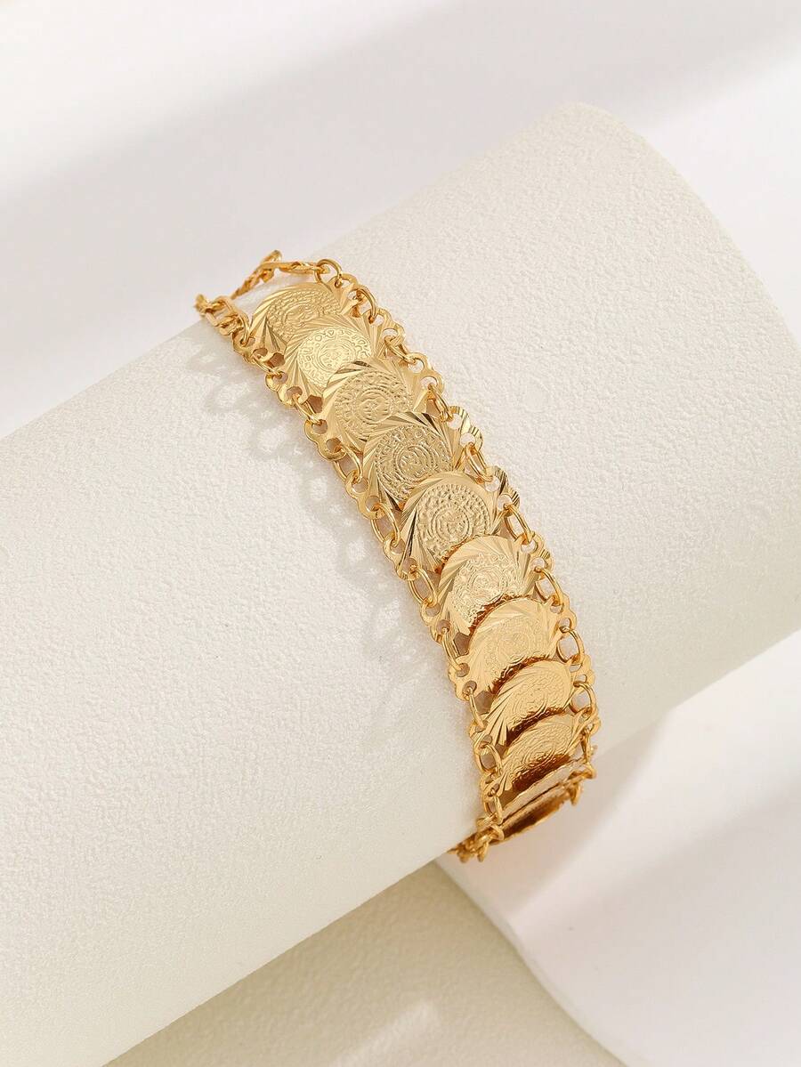 1 Peça Pulseira de Corrente Redonda Geométrica Vintage Dourada, Design Elegante para Mulheres, Uso Diário, Presente de Feriado, Acessório de Viagem - Ouro amarelo - Visão 1