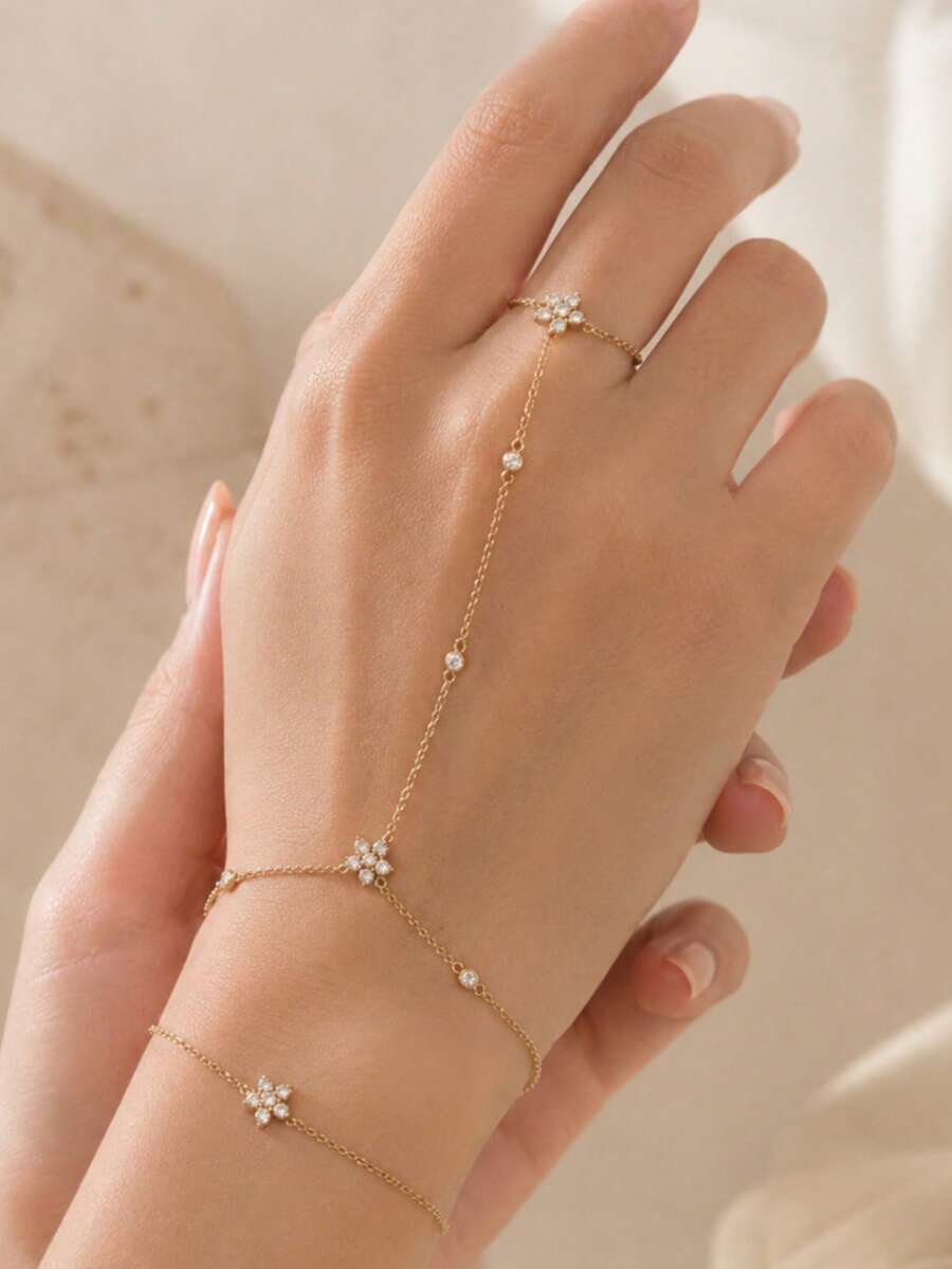 1件套优雅闪亮花卉水晶叠层指链手链套装,适合女性日常佩戴、夜店派对、聚会等场合。 - 金黃色 - 查看 1