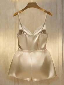 Mono de mujer con cuello en V de satén, decorado con perlas falsas y tirantes de espagueti - Negro - Ver 6