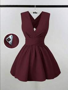 Vestido mini elegante y sexy para invitada de boda con cuello en V cruzado, sin mangas y corte evasé, diseño versátil para conciertos, playa, fiestas, primavera/verano, con bolsillos, vestido de noche con espalda descubierta de color amarillo mantequilla - Burdeos - Ver 12