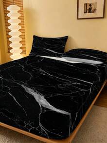3pcs Marble Texture Pattern Fitted Sheet Set (Including Pillowcase), Soft & Breathable Bedding Set Suitable For Spring Room Decor, Applicable For Home, Hotel, Bedroom - Multicolor - View 5