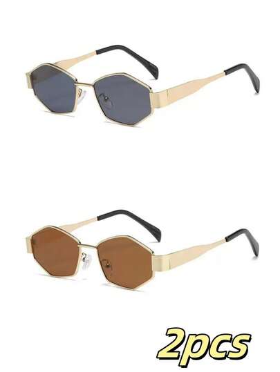 2 Pairs Women's Metal Frame Diamond-Shaped Fashion Glasses, Suitable For Daily Wear, Summer Beach, Outdoor Travel And Other Outdoor Activities, Collegiate Design, Suitable For Back To School Season