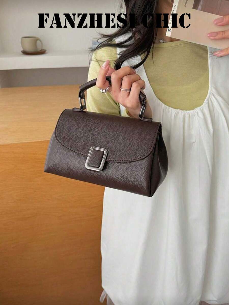 Bolso de mano de mujer de PU marrón, con textura de grano de lichí, ideal para damas de oficina, maestras y profesionales jóvenes, perfecto para el transporte diario, la oficina, las citas y las salidas casuales, un estilo versátil para todas las estaciones, diseño compacto y elegante - Café - Ver 1