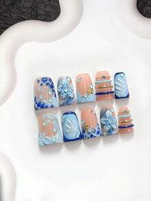 Bộ 10 móng tay giả nghệ thuật phong cách cổ tích đại dương làm thủ công, bộ móng Poly Gel, charm móng sao biển và hạt bong bóng xanh, hoa 5 cánh xanh chạm khắc tay, sơn móng xanh, phong cách lãng mạn tươi mới, kèm dụng cụ làm móng (1 miếng dán jelly + 1 dũa móng), 3 size, dáng hạnh nhân, dáng vịt, dáng quan tài, phù hợp đi tiệc, hằng ngày, sự kiện, chụp ảnh, đi làm mùa xuân/hè - Nhiều màu - Xem 2