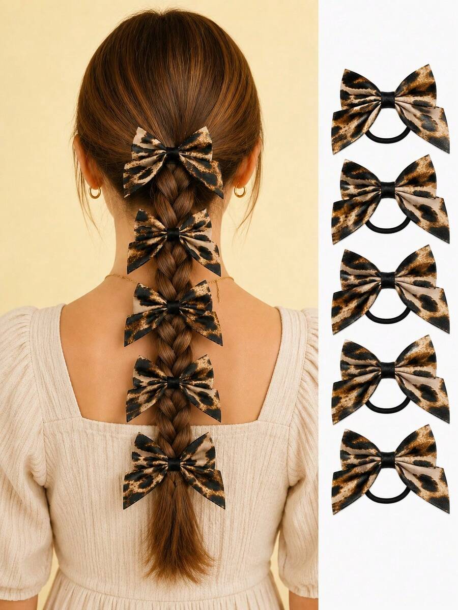 5 piezas Lazos para el cabello con estampado de leopardo para niñas, adecuados para uso diario - Multicolor - Ver 1