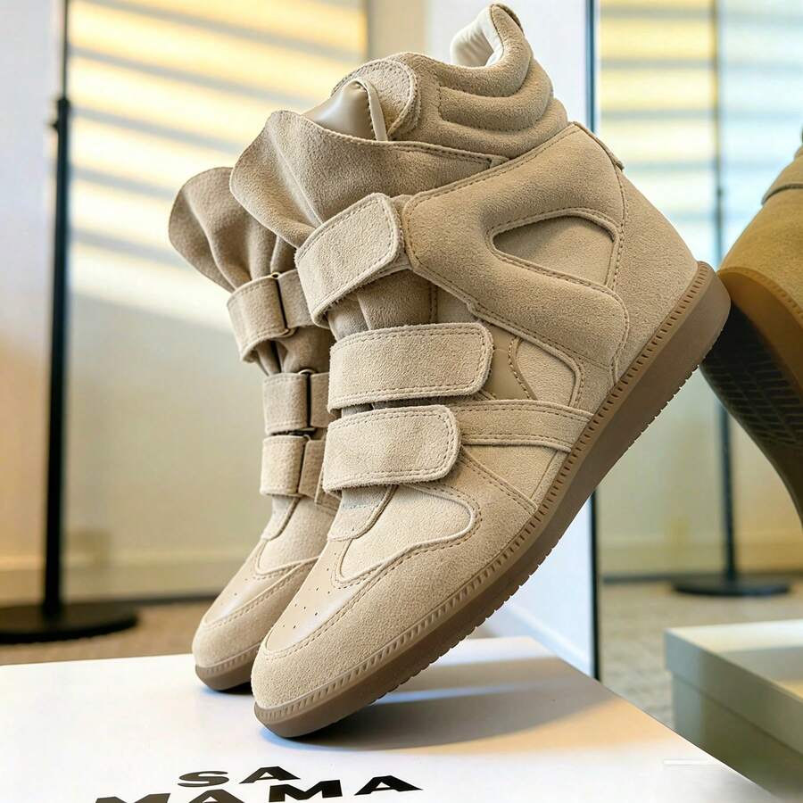 ISAb Parisian-Style Color-Block Retro Suede High-Top Sneakers With Hidden Wedge Heel.Invisible Heel / Internal Wedge.Vibrant Color-Blocking.High-Top