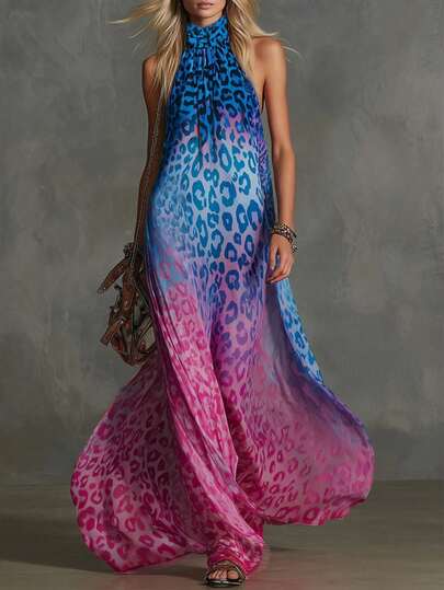 Vestido largo con estampado de leopardo degradado, vestido de verano para mujer, ropa de resort para mujer, estilo fluido de gasa sin mangas de cuello alto, elegante vestido largo con cuello de halter, adecuado para vacaciones y fiestas