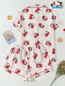 Sanrio Women's Pajama Set, Hello Kitty Short Sleeve Pocket Top And Bow Shorts Casual Loungewear Set - Apricot - View 2