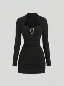 MEXSweetra Nuevo vestido de cóctel elegante para fiesta, color burdeos con decoración metálica, silueta ajustada, adecuado para Navidad y ocasiones formalesMEX DNHH - Celeste - Ver 9