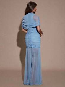 MEXSHEIN  Vestido ajustado con pliegues elegantes, adecuado para cóctel, cita romántica, capas de otoño/invierno, fiesta, reunión formal, Halloween, NavidadMEX 9SWR - Celeste - Ver 2
