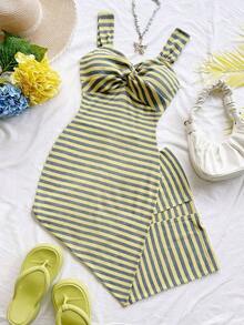 MEXSoleia Vestido midi de verano con estampado de rayas de contraste y abertura, estilo bohemio para mujerMEX KCSS - Amarillo - Ver 1
