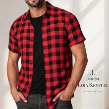 LK Checkered Printed Men's Short-Sleeve Dress Shirt For June Festivals - Red - View 1