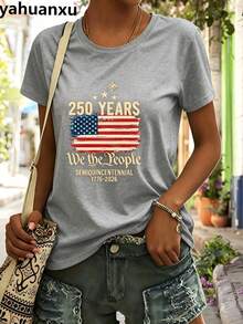 4th Of July Outfit WomenUSA 250th AnniversaryCommemorative Print Women's InspiredT-Shirt Short RoundNeckTopWhite LightweightY2K Short Sleeve Round Nec - 灰色 - 查看 1