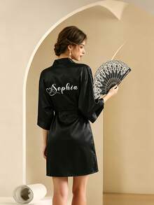 1pc Customized Short Sleeve Satin Bridal Robe, Customizable Text, Customized Bride And Bridesmaid Wedding Robe, Personalized Satin Robe, Customized Bridal Robe, Bridesmaid Getting Ready Robe, Wedding Party Robe, Lace Trim Robe, Customized Name Robe, Bridal Robe Gift, Bridal Party Gift, Silky Loungewear, Simple, Fun, Customized, Unique, Matching Bridesmaid Robe Silky Loungewear Special Bridal Gift, Best Friend, Girlfriend, Fashion Autumn - Multicolor - View 4