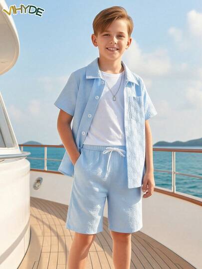 Vihyde Tween Boy 3D Embossed Short Sleeve Shirt & Shorts Casual Vacation Set