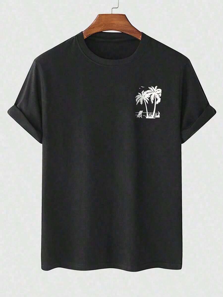 Men's T-Shirt With Tropical Palm Print – White Crew Neck T-Shirt With Black Palm Print – Soft And Breathable T-Shirt, Ideal For Everyday Wear, The Beach, Holidays And Casual Outfits – Minimalist Top With Tropical Print, Perfect For The Beach, Holidays, Simple Design, Comfortable Fit, Short Sleeves, Summer, Lightweight And Printed Material. - 黑色 - 查看 1