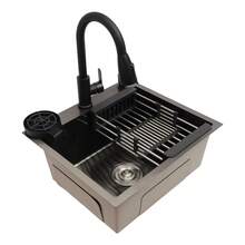 YUNRUX Fregadero de cocina, fregadero de cocina con grifo extraíble, fregadero de cocina multifuncional de 50x45 cm. - Plateado - Ver 4